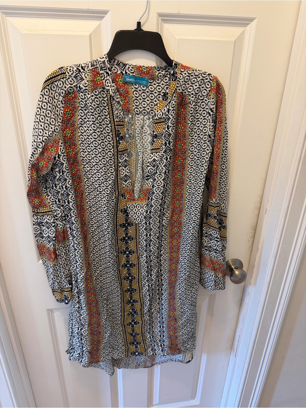 Boho Printed Tunic Dress - Black & White with Yellow & Red Accents